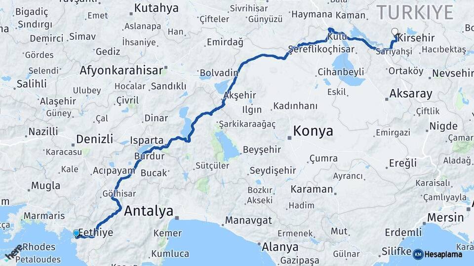 Muğla Fethiye Kırşehir Arası Kaç Km - Yol Haritası