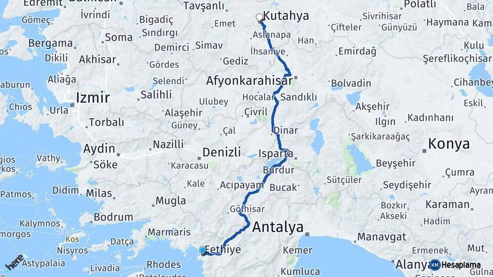 Muğla Fethiye Kütahya Arası Kaç Km - Yol Haritası