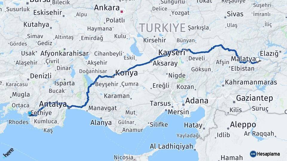 Muğla Fethiye Malatya Arası Kaç Km - Yol Haritası