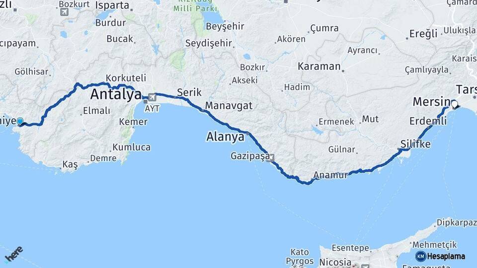 Muğla Fethiye Mersin Arası Kaç Km - Yol Haritası