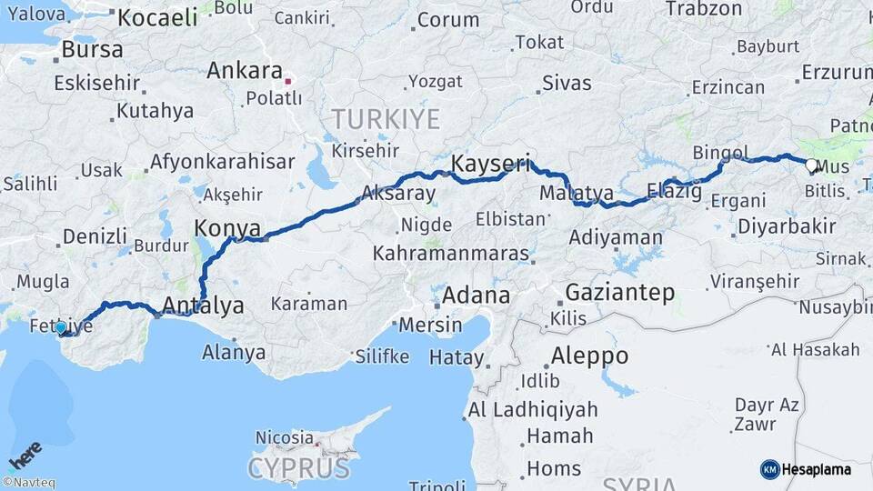 Muğla Fethiye Muş Arası Kaç Km - Yol Haritası
