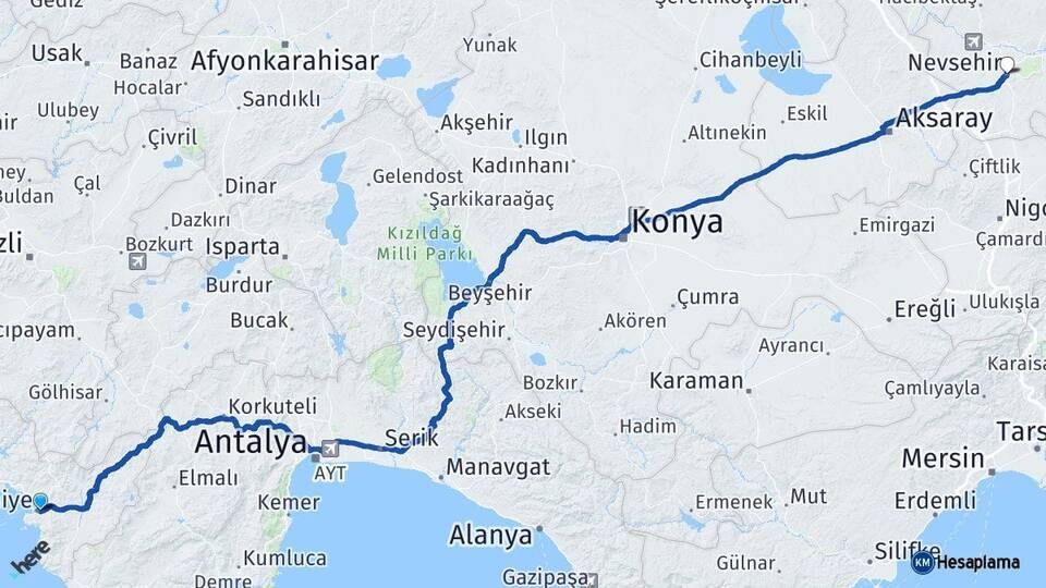 Muğla Fethiye Nevşehir Arası Kaç Km - Yol Haritası