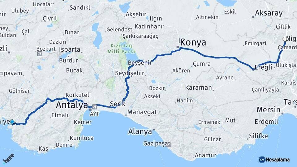 Muğla Fethiye Niğde Arası Kaç Km - Yol Haritası