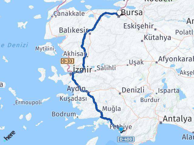 Muğla Fethiye Ölüdeniz Bursa Arası Kaç Km - Yol Haritası
