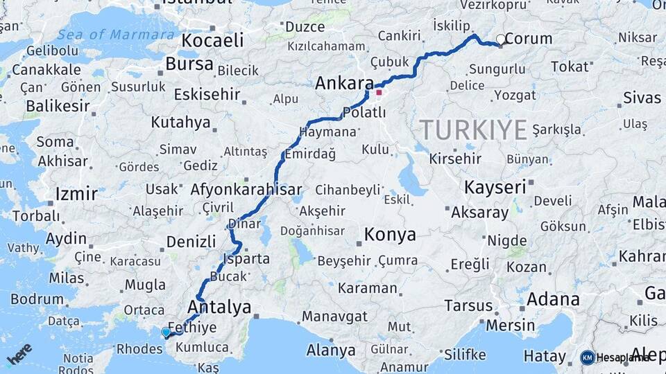 Muğla Fethiye Ölüdeniz Çorum Arası Kaç Km - Yol Haritası
