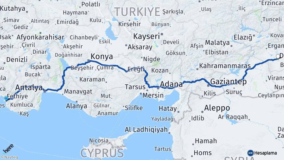 Muğla Fethiye Ölüdeniz Diyarbakır Arası Kaç Km - Yol Haritası