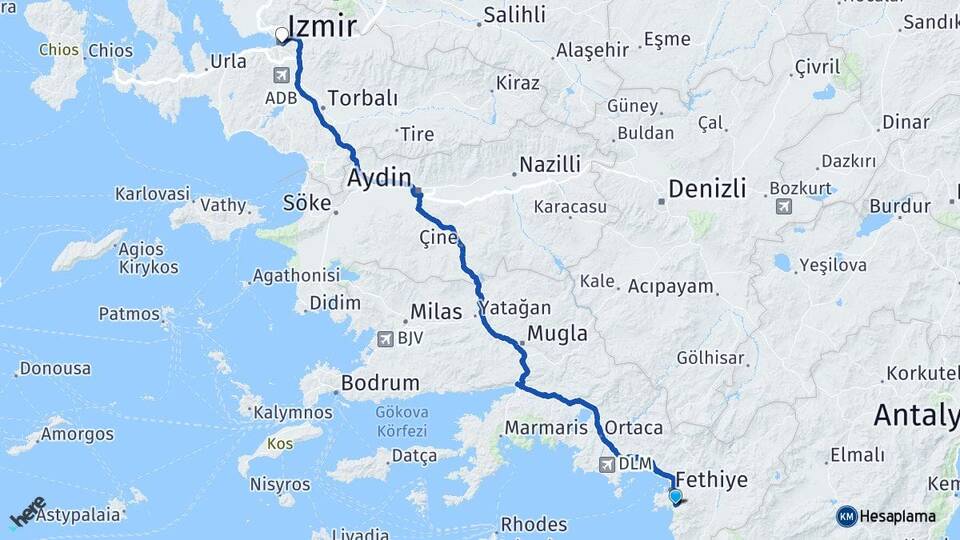 Muğla Fethiye Ölüdeniz İzmir Arası Kaç Km - Yol Haritası