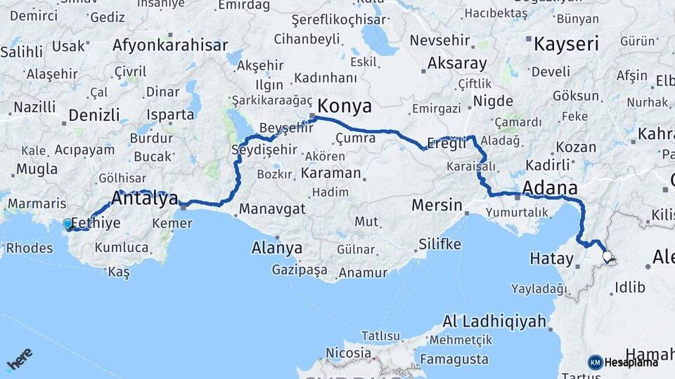 Muğla Fethiye Reyhanlı Hatay Arası Kaç Km - Yol Haritası