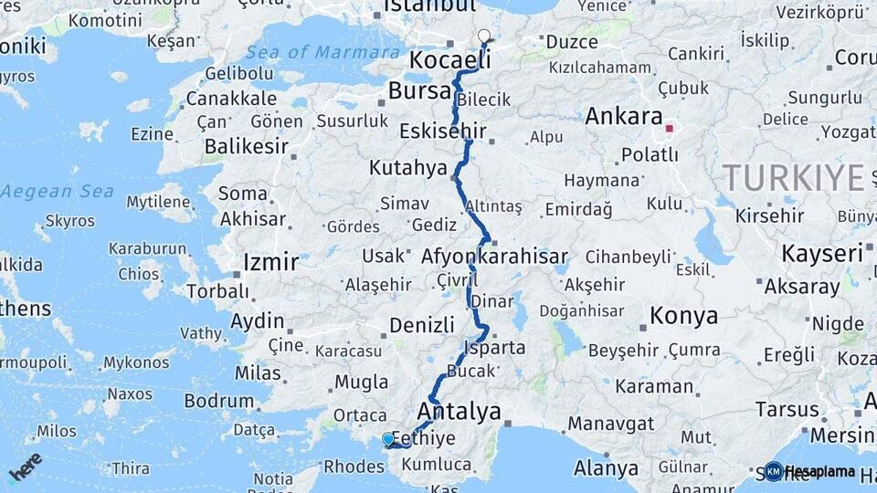 Muğla Fethiye Sakarya Arası Kaç Km - Yol Haritası