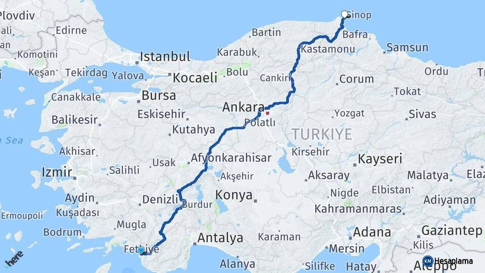 Muğla Fethiye Sinop Arası Kaç Km - Yol Haritası
