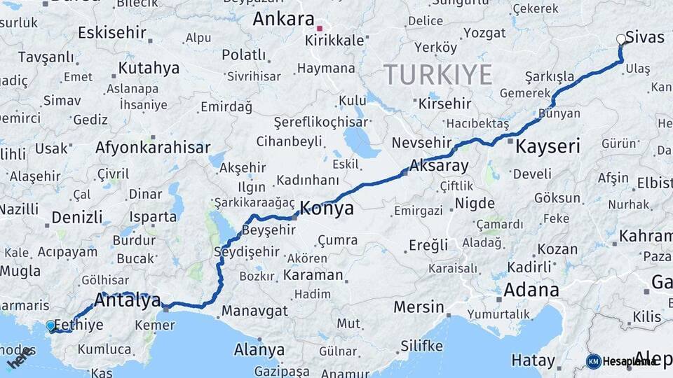 Muğla Fethiye Sivas Arası Kaç Km - Yol Haritası