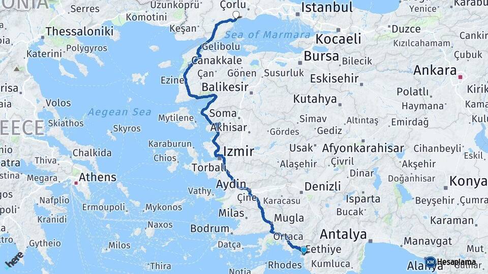 Muğla Fethiye Tekirdağ Arası Kaç Km - Yol Haritası
