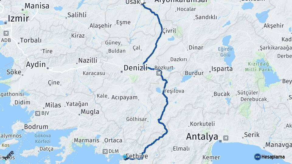 Muğla Fethiye Uşak Arası Kaç Km - Yol Haritası