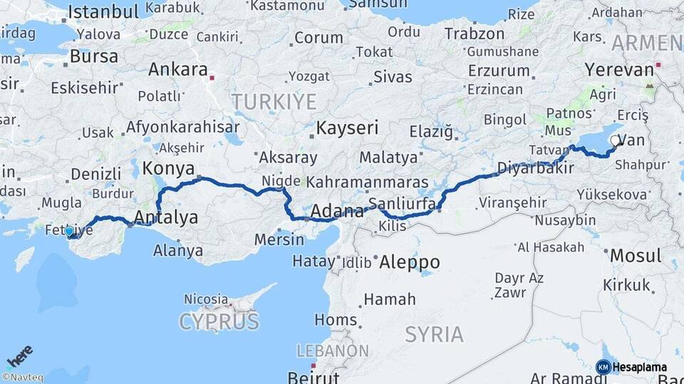 Muğla Fethiye Van Arası Kaç Km - Yol Haritası