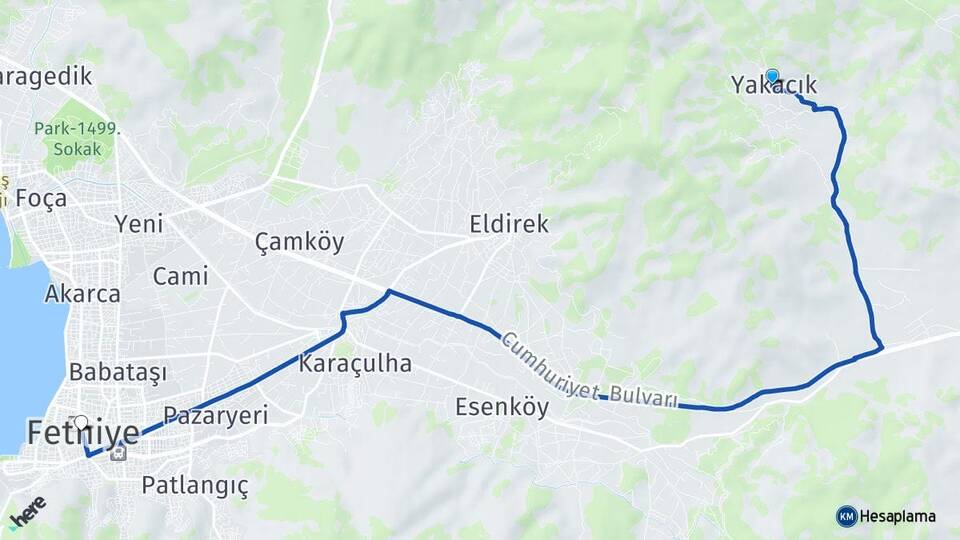Muğla Fethiye Yakacık Fethiye Arası Kaç Km - Yol Haritası