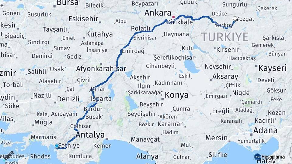 Muğla Fethiye Yozgat Arası Kaç Km - Yol Haritası