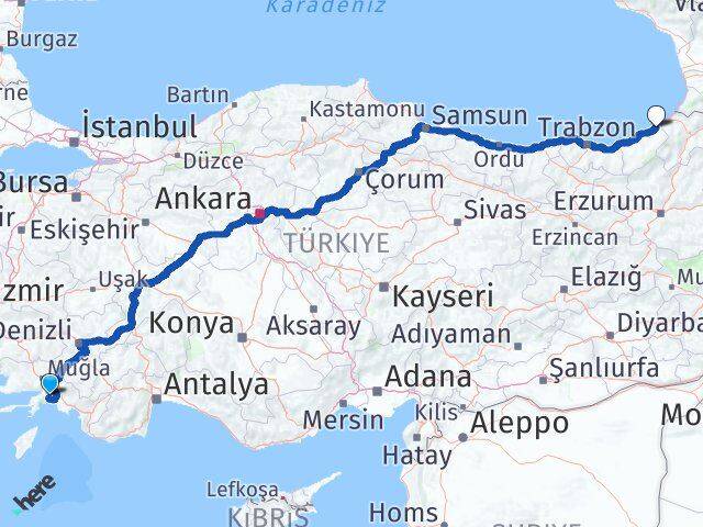 Muğla Fındıklı Rize Arası Kaç Km - Yol Haritası