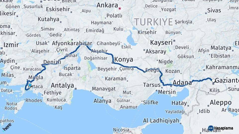 Muğla Gaziantep Arası Kaç Km - Yol Haritası