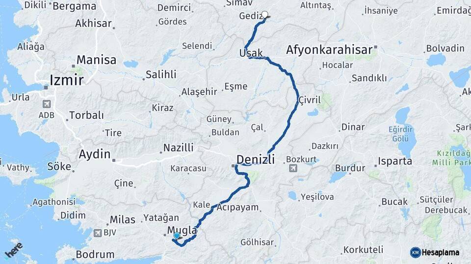 Muğla Gediz Kütahya Arası Kaç Km - Yol Haritası