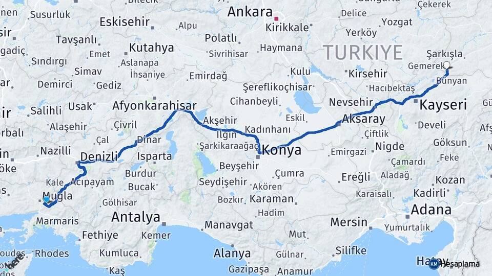 Muğla Gemerek Sivas Arası Kaç Km - Yol Haritası