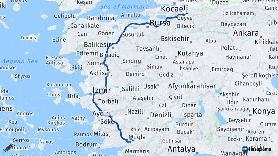 Muğla Geyve Sakarya Arası Kaç Km - Yol Haritası