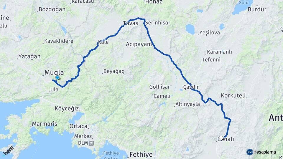 Muğla Gökpınar Elmalı Antalya Arası Kaç Km - Yol Haritası