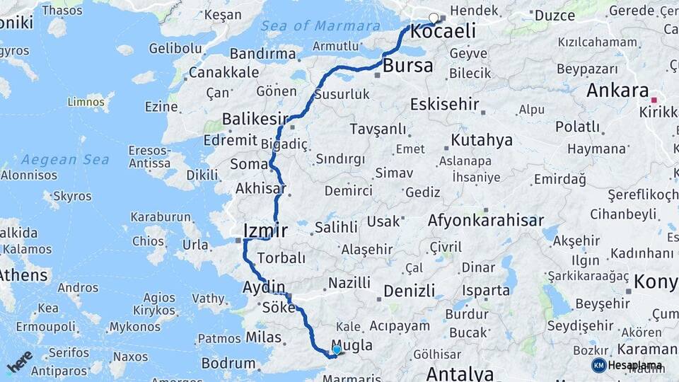 Muğla Gölcük Kocaeli Arası Kaç Km - Yol Haritası