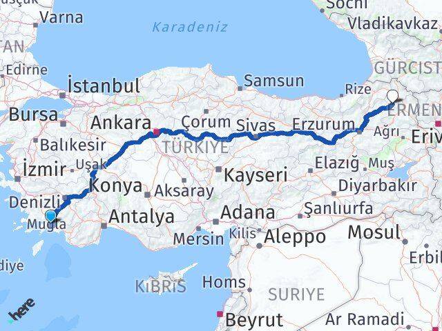 Muğla Göle Ardahan Arası Kaç Km - Yol Haritası