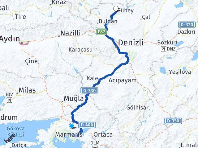 Muğla Güney Denizli Arası Kaç Km - Yol Haritası