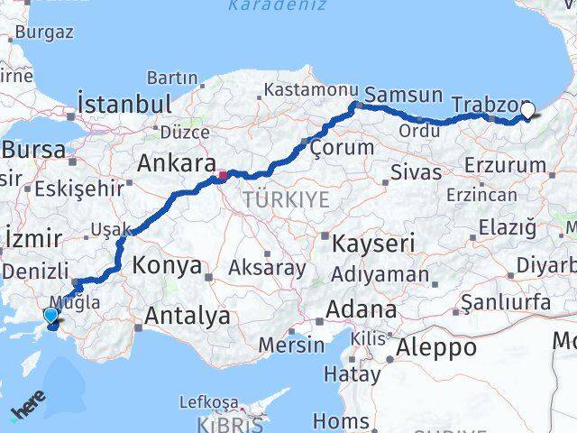 Muğla Güneysu Rize Arası Kaç Km - Yol Haritası