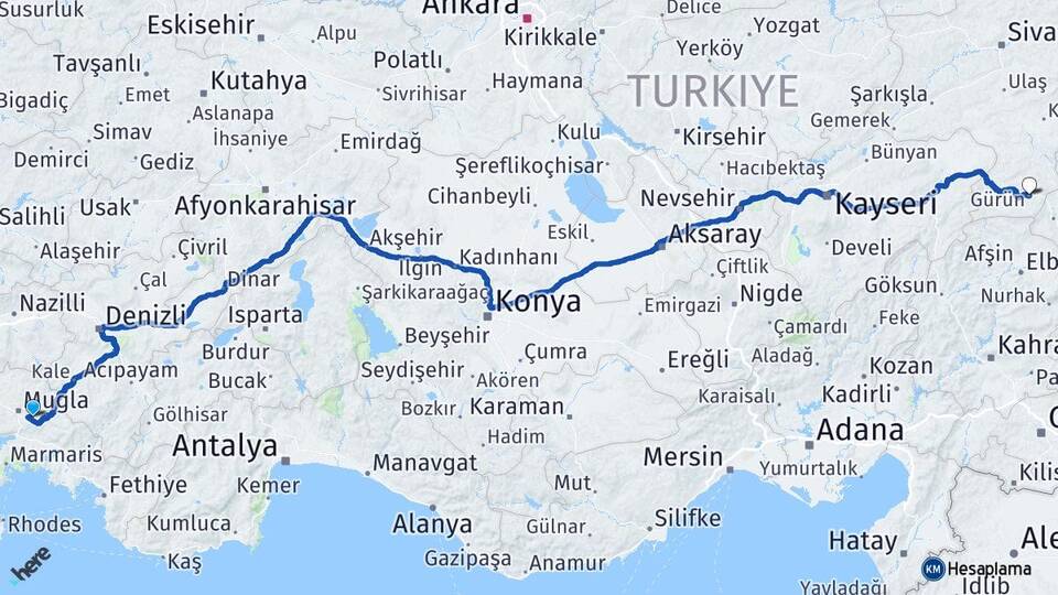 Muğla Gürün Sivas Arası Kaç Km - Yol Haritası