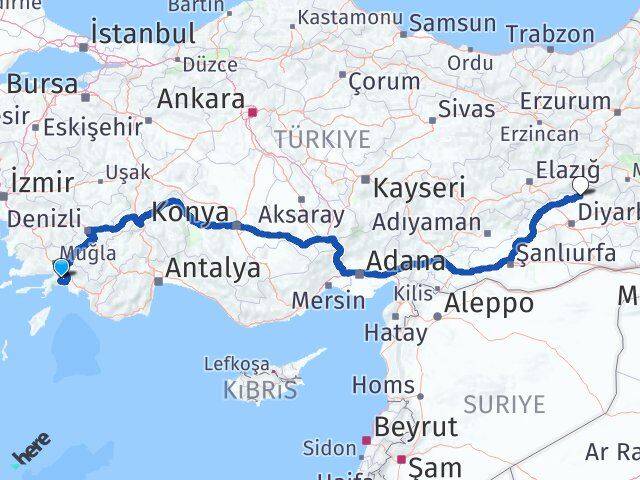 Muğla Hani Diyarbakır Arası Kaç Km - Yol Haritası