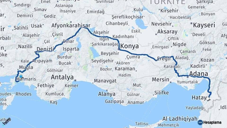 Muğla Hatay Arası Kaç Km - Yol Haritası