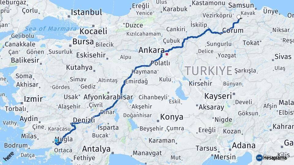 Muğla Havza Samsun Arası Kaç Km - Yol Haritası