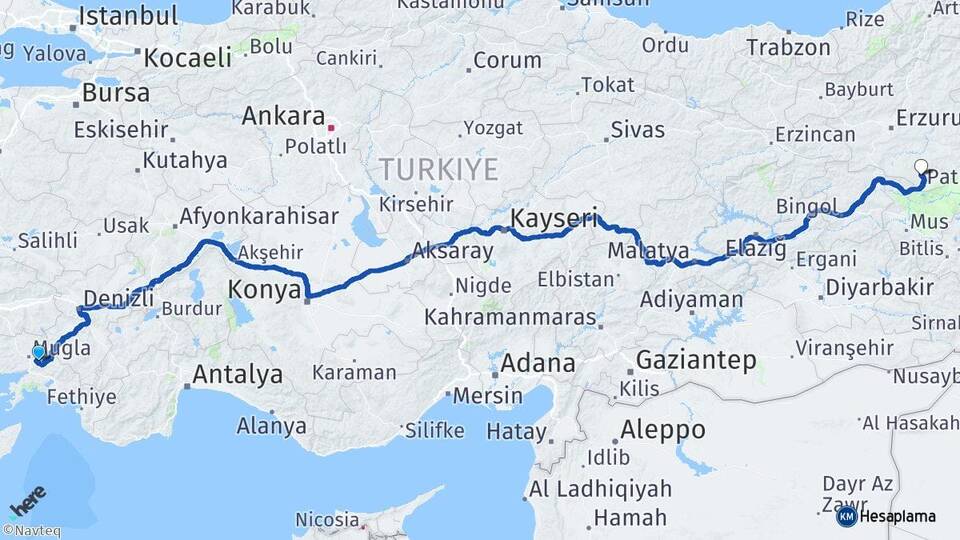 Muğla Hınıs Erzurum Arası Kaç Km - Yol Haritası