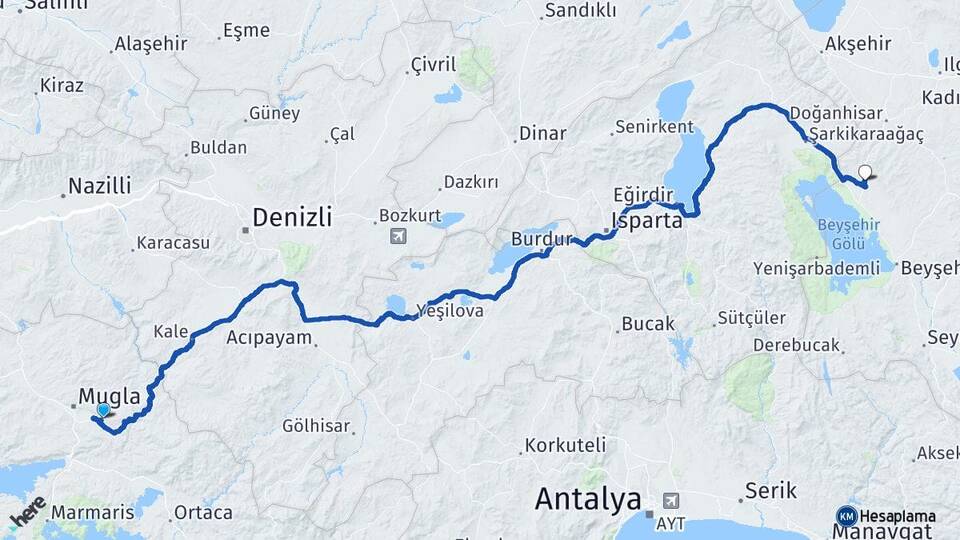 Muğla Hüyük Konya Arası Kaç Km - Yol Haritası