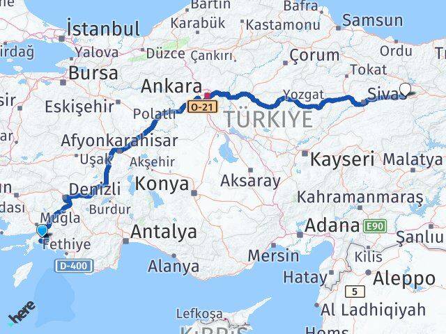 Muğla İmranlı Sivas Arası Kaç Km - Yol Haritası