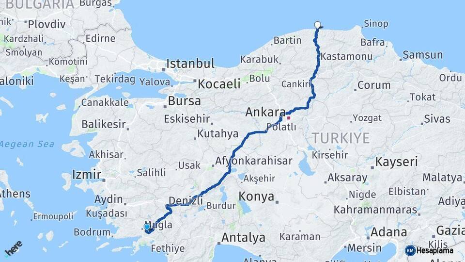 Muğla İnebolu Kastamonu Arası Kaç Km - Yol Haritası