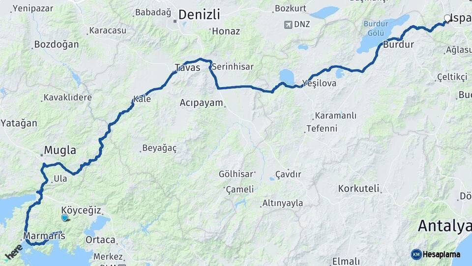 Muğla Isparta Arası Kaç Km - Yol Haritası