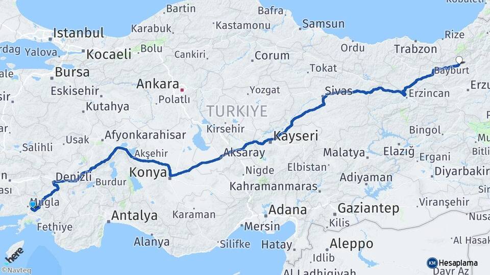 Muğla İspir Erzurum Arası Kaç Km - Yol Haritası
