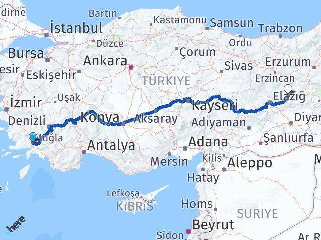 Muğla Karakoçan Elazığ Arası Kaç Km - Yol Haritası