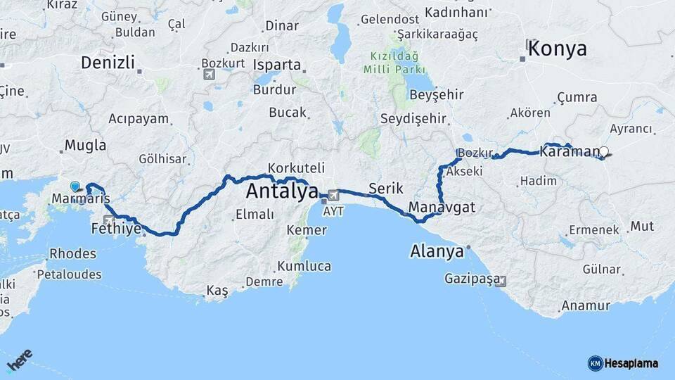 Muğla Karaman Arası Kaç Km - Yol Haritası