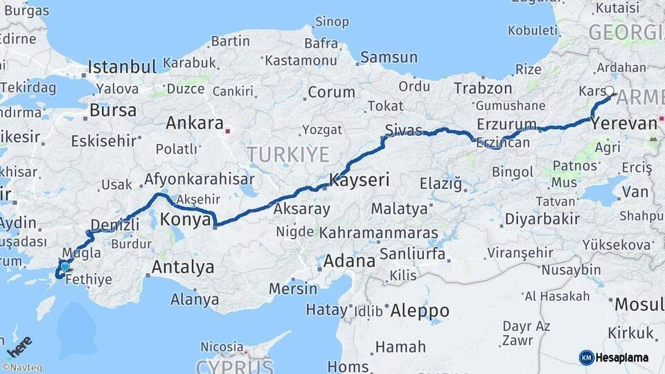 Muğla Kars Arası Kaç Km - Yol Haritası