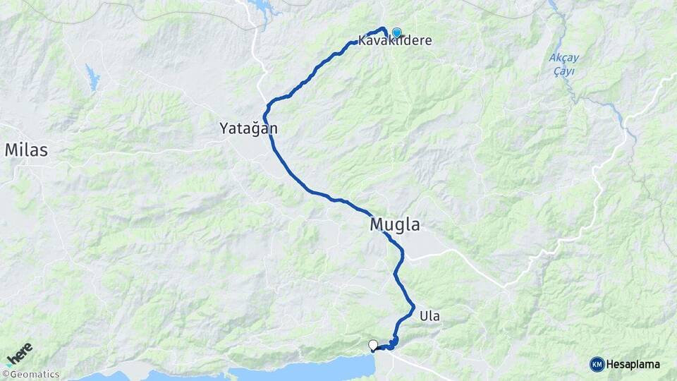 Muğla Kavaklıdere Akyaka Ula Arası Kaç Km - Yol Haritası