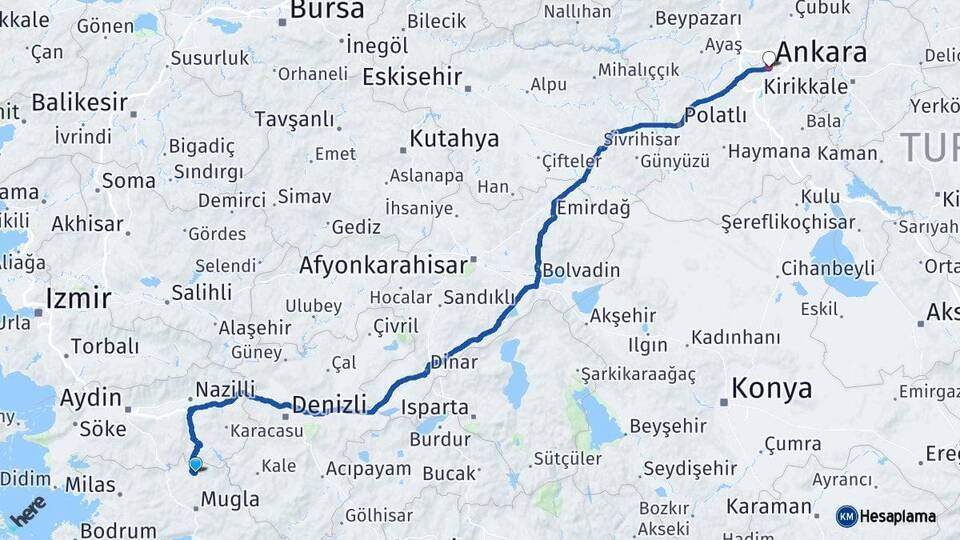 Muğla Kavaklıdere Ankara Arası Kaç Km - Yol Haritası