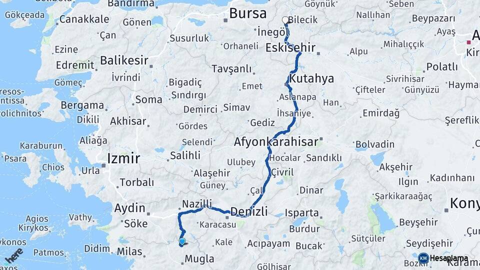 Muğla Kavaklıdere Bilecik Arası Kaç Km - Yol Haritası