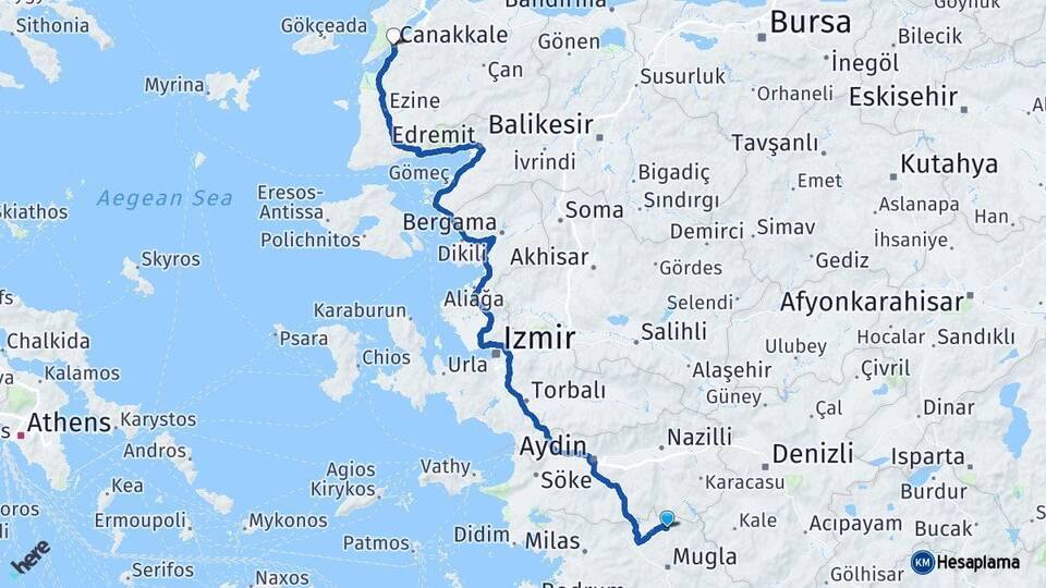 Muğla Kavaklıdere Çanakkale Arası Kaç Km - Yol Haritası