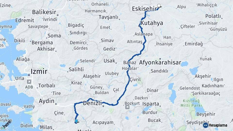 Muğla Kavaklıdere Eskişehir Arası Kaç Km - Yol Haritası