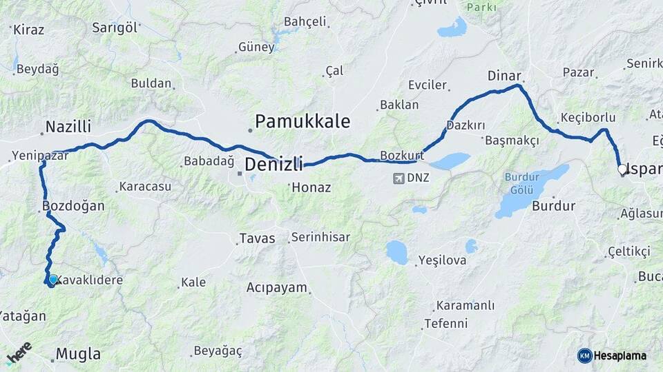 Muğla Kavaklıdere Isparta Arası Kaç Km - Yol Haritası