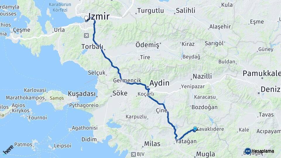 Muğla Kavaklıdere İzmir Arası Kaç Km - Yol Haritası